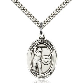 Bonyak Jewelry Saint Medal Collection Sterling Silver St. Sebastian/Golf Pendant 1 x 3/4 inches with Heavy Curb Chain