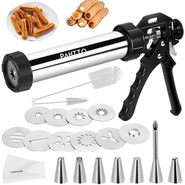 PAHTTO Churro Maker Machine, Stainless Steel Churros Gun Kit, 3-in-1 Multifunctional Cookie Press Hollow Churro with Piping Bag, 7 Piping Nozzles, 9 Cookie Discs & 2 Brushes, Easy to Clean