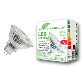 greenandco® CRI 90+ 3000K 36° LED spot Replaces 40 Watt GU5.3 MR16 Halogen Spotlight, 6W 380 Lumen Warm White 12V AC/DC, not dimmable