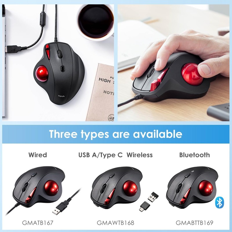 SANWA Wired Ergonomic Trackball Mouse, Optical Rollerball Mice, Programmable Silent