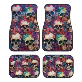 Colorful Skulls D Print Skull Car Floor Mats,Front & Rear Automotive Floor Mats,Universal Fit Design，4 Pieces