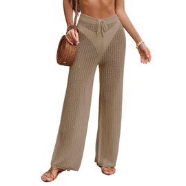 BreathSunny Womens Crochet Knit Elastic Waist Beach Coverup Summer 2025 Trendy Tie Drawstring Bathing Suit Cover Up Pants, Khaki, Large