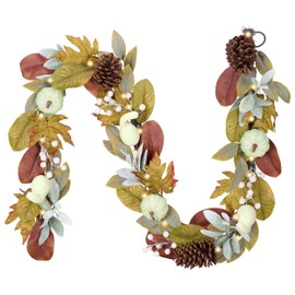 DecorbyHannah Fall Garland with Lights for Front Door, 6 ft Artificial Autumn Garland with Green Pumpkin Pinecone Berries Leaves for Mantle Table Fireplace Wall Outdoor Harvest Thanksgiving Decor