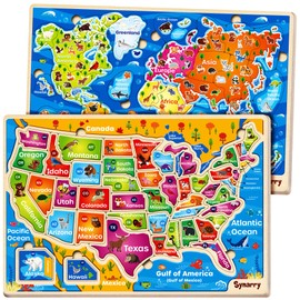SYNARRY Large USA World Wooden Puzzles for Kids Ages 4-6, Learning United States World Maps Puzles for Kids Ages 6-8, Wood Jigsaw Puzzles Educational Games Toys Gifts for Boys Girls Ages 3-8