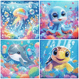 MISCER 4 pack Diamond Painting Art Kits, 5D Animal DIY Diamond Painting kits for Beginners, Cute Marine Animals Full Round Drill Gem Art Crafts for Home Wall Decor Present 15x15cm