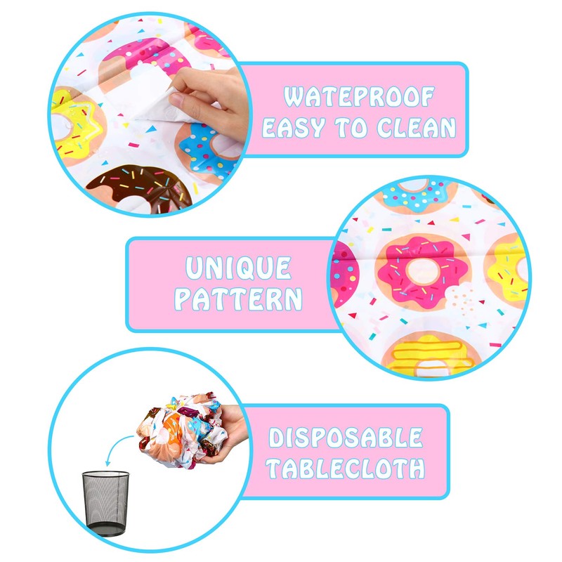 BeYumi 4Pack Donut Party Tablecloth, Rectangular Table Cover for Dining