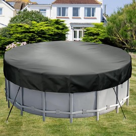 12FT Round Swimming Pool Cover, Heavy Duty 420D Oxford Fabric Garden Swimming Pool Dust Cover with Drawstring, Waterproof Round Pool Cover with Windproof Ropes and Ground Stakes