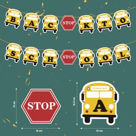 Back to School Bus Banner Large First Day of School Banners 16 Feet Back to School Birthday Party Decoration Supplies for Classroom Teacher Office Hanging Decor Sign with School Bus, Stop Tags