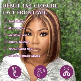 DÉBUT Highlight Brown Lace Front Wig HD Lace Closure 4x4 Wigs Short Bob Human Hair Wig for Women Pre Plucked 13inch Lace Front Natural Hairline with Baby Hair 10 Inches Ombre Brown Blonde Piano Color