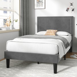 VECELO Twin Size Platform Bed Frame with Adjustable Upholstered Headboard, Strong Wood Slat Support, No Box Spring Needed, Easy Assembly