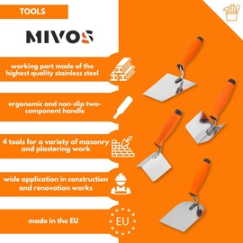 Mivos Trowel Set of 4 – 2 x Corner Trowel Stainless Steel 80 x 60 mm – Plastering Trowel 120 x 128 mm – Trapezoidal Trowel 160 x 75 mm – Meurer's Trowel Set Made of Stainless Steel – Soft Grip – Made