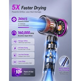 NUTROMO Hair Dryer with Carry Case, 3 Min Fast Drying-160000 RPM Professional High-Speed Ionic Blow Dryer 200 Millions Negative Ionic, Low Noise Hairdryer with Diffuser Nozzle for Home&Travel, Gray