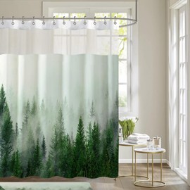 ORTIGIA Double Misty Forest Shower Curtain Set with Snap in Liner for Bathroom, Green Nature Shower Curtains with See Through Top Window, Luxury Fabric Tree Bath Curtain, 72x72 with Metal Hooks