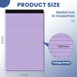Ciphyfee 6pcs Small Note Pads, Purple Notepads 5x8 College Ruled Notebook, Writing Pads 5 x 8, Legal Pads, Pad Paper Perforate Notebooks for Work, Message, School, Office Supplies,30 Sheets/Pack