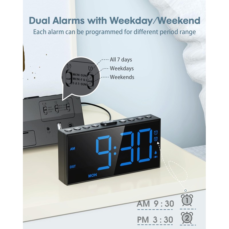 Upgraded Loud Alarm Clock with Bed Shaker for Heavy Sleepers,