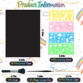 ZOCONE Scratch Paper Art Set, 50 Sheets 8x11in Rainbow Coated Scratchboard Large Scratch Paper with Wooden Styluses and Stencils, DIY Scratch Painting Art Paper for Kids Adults Birthday Christmas Gift