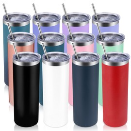 Volhoply 12 Vasos Delgados con Tapa y Pajita, Vaso Recto de Acero Inoxidable de 600ml en Lote, Taza de Caf aislada al Vaco para Hogar, Oficina,...    