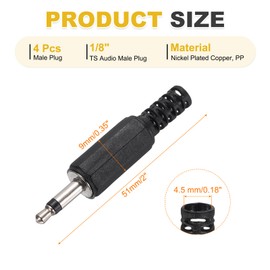 sourcing map 4 Pcs 1/8" TS Audio Male Plug, 3.5mm Mono Jack Plug Adapter Replacement, 1 Pole Solder Jack Cable Connector for Speaker Microphone Guitar (Black)