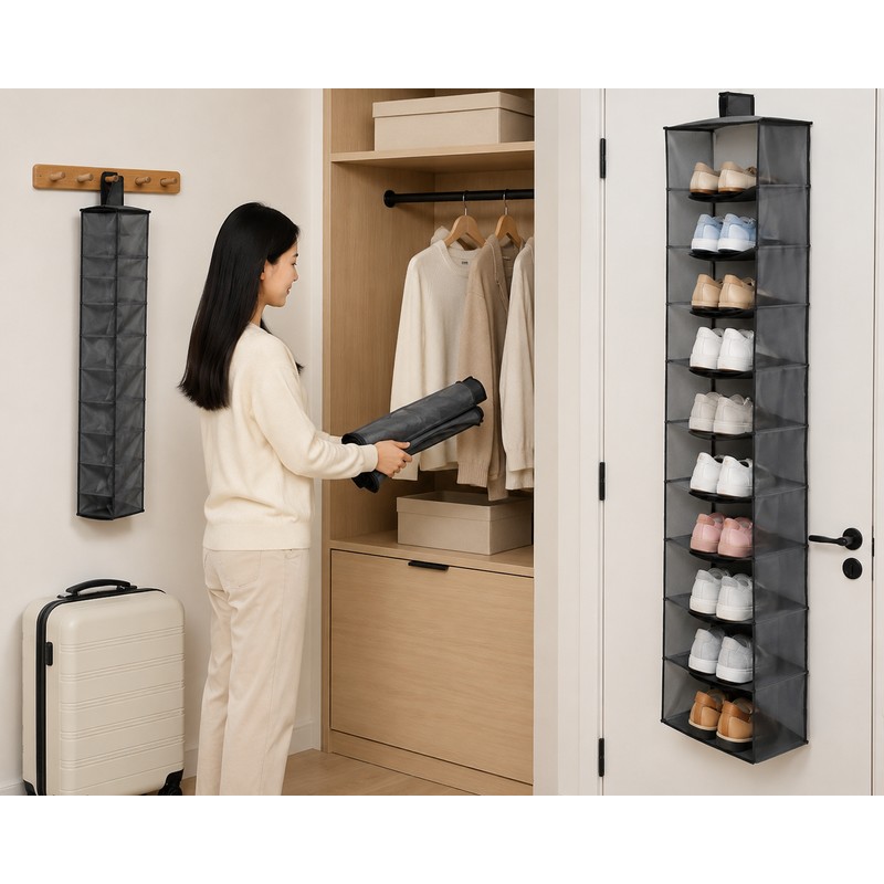 10-Layer Hanging Shoe Organizer for Closet Storage – Collapsible Polyester