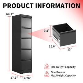 DARTIIA 5 Drawer Vertical File Cabinet with Lock, Locking Cabinet for Home Office, Hanging Files for A4/Legal/Letter (Require Assembly, Black)