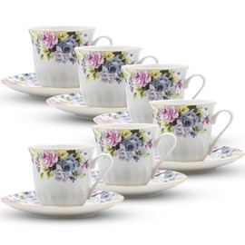 Lynns Millicent Porcelain Tea Cup and Saucer with Gold Trim, Set of 6; Vintage Floral