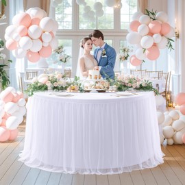 White Tulle Round Valentine Table Cloth for 60 Inch Round Tables, White Banquet Tablecloth Table Cover, Floor Length Tablecloths, Circle Tutu Tulle Table Cloths Table Skirt for Wedding Party