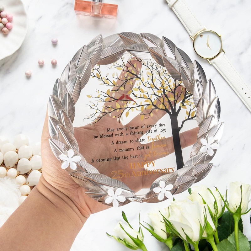 25th Anniversary Wedding Gifts Crystal Plate with Gold Leaf Wreath
