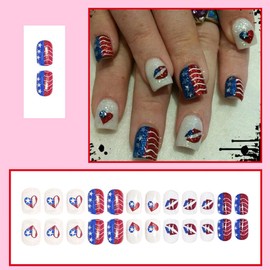 4th of July Press on Nails Short Square Fake Nails American Flag False Nails with Lips Heart Design Glue on Nails Independence Day Acrylic Nails Glitter Stick on Nails for Women Manicure 24Pcs