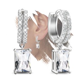 Hoop Earrings for Women with Dangle - Sterling Silver Square Drop Earrings Hollow Cubic Zirconia CZ Double Huggie Earrings Trendy Jewelry Gifts for Christmas