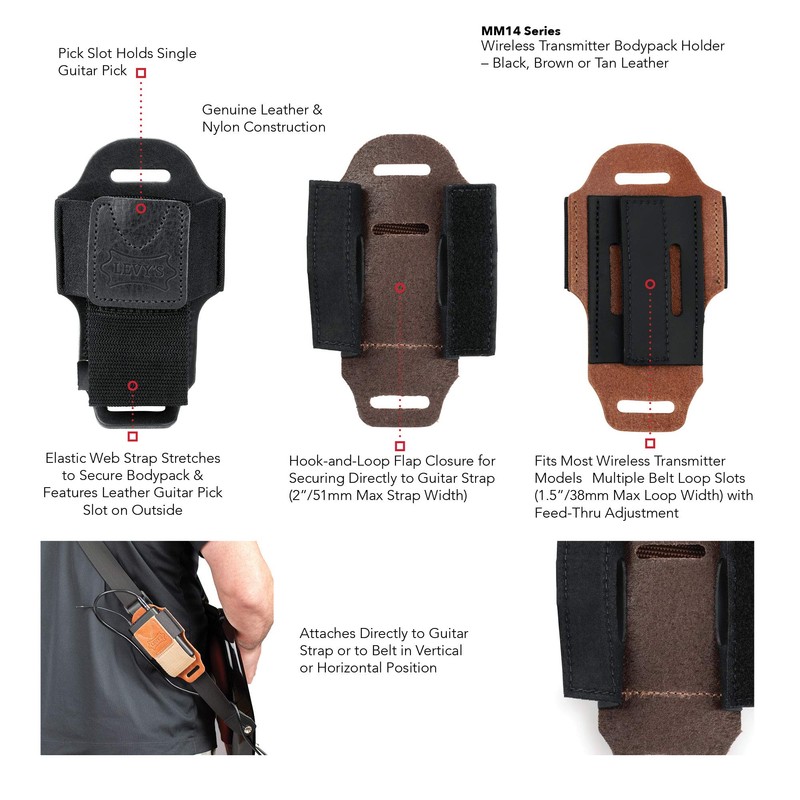 Levy's Leathers MM14-BLK Wireless Transmitter Bodypack Holder, Black Leather