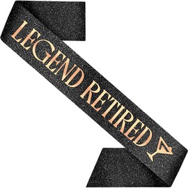 PartyForever Legend Retired Sash – Black Glitter Sash with Rose Gold Letters & Martini Icon + Luxe Pearl Pin | Funny Retirement Party Sash for Women & Men | Extra Long, Soft Back, Classy Gift