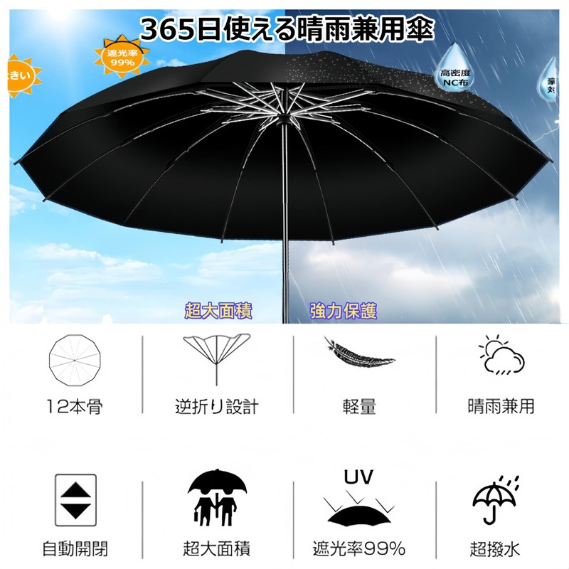 折りたたみ傘 逆折式 ワンタッチ自動開閉 強化型12本傘骨 超大型 耐久 超防水加工 紫外線防止 晴雨兼用 男性丈夫