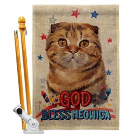 Breeze Decor Patriotic Scottish Fold Burlap House Flag Set Animals Cat Kitten Meow Spoiled Paw Fur Pet Nature Farm Animal Creature Small Decorative Gift Yard Banner Double-Sided Made in USA 28 X 40