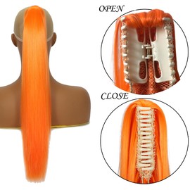 HENSLEELY Claw Ponytail Extensions Orange 22 Inch Long Straight Pony Tail Hairpieces Synthetic Clip in Hair Extension for Women Daily Use(22Inch,Orange)