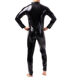 QiaTi Mens Latex Bodysuit Men Full Body Jersey Long Sleeve Full Suit Faux Leather Bodysuit, 1#black
