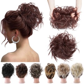 S-noilite Tousled Updo Ponytails Hair Extensions Messy Wavy Ponytail Bun Scrunchies Extension 100% Real Natural Premium Synthetic Hairpiece for Women Girls -1 Piece Dark Auburn