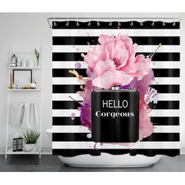 EOBTAIN Perfume Shower Curtain Hello Gorgeous Makeup Hot Pink Floral Black and White Stripe Fashion Female Inspirational Words Watercolor Art Bathroom Curtain 69x70 Inch Waterproof Fabric with 12 Hook