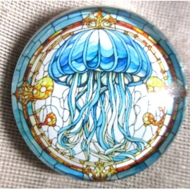 GLASS DOME PICTURE "STAINED GLASS " BEAUTIFUL BIG BLUE JELLY FISH BUTTON  30mm