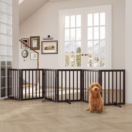 Semiocthome Bamboo Dog Gates for The House Extra Wide, 6-Panel Freestanding Pet Gates with 4PCS Metal Stands for Doorways and Stairs, 24“H Foldable Dog Fences Indoor, Expands Up to 110" (W) Espresso
