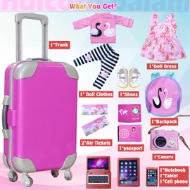 14-Inch-Girl-Doll-Travel-Suitcase-Play-Set Doll- Clothes- Accessories Including Luggage Cute Backpack 2 Sets of Doll-Clothes- Shoes Camera Computer Phone Tablet Passport ARTST (14 inch)