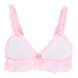 Satini Sissy Frilly Lace Fitted Sheer Bralette (White - Baby Pink, XXL)