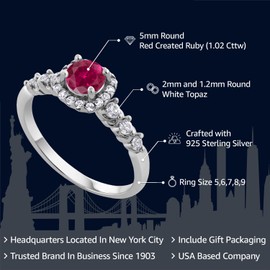 Gem Stone King 925 Sterling Silver Red Created Ruby and White Created Sapphire Engagement Ring For Women (1.02 Cttw, Round 5MM, Available 5,6,7,8,9) (Size 7)