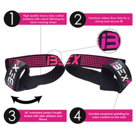 iBEX Weight Lifting Straps with Padded Wrist Support and Advanced Gel Grips - Strongly stitched 100% cotton Extra Long Gym Straps for Deadlift, Workout & Barbell Shrugs (Pink)