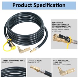 ATKKE 12 FT RV Quick Connect Propane Hose for RV to Grill, RV Propane Extension Hose for 17' and 22' Blackstone Griddles with Elbow Adapter
