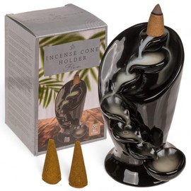 MIJOMA Backflow Incense Cone Holder Made of Black Ceramic, Waterfall Incense Cone Holder, Incense Burner Holder, Spiritual Incense Burner, Relaxation and Meditation (Flow, 12.5 x 7.5 cm)