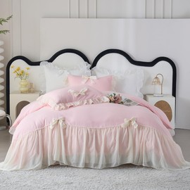 IHOUSTRIY Duvet Cover Full Size, Ruffle Beddding Set with Bowtie, 3 Pieces Comforter Cover Set with Zipper Closure, Girl Princess Bedding with Pillowcase - Light Pink, Full