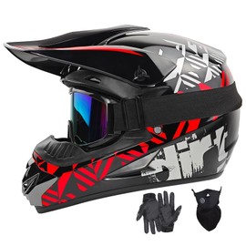 SPARK DOT Youth Motocross Helmet Kids Dirt Bike Helmets (with Goggles Gloves Mask) ATV Helmet Full Face Motorcycle Helmets for Men Women, Off-Road Mountain Bike Helmet (Red, Small)