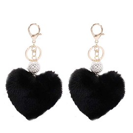 Unpafcxddyig 2PCS Pom Poms Keychains Fluffy Heart Pearl Rhinestone Keyring Faux Rabbit Fur Puff ball for Car Backpack Charms,Black