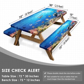 Britown Picnic Table Cover with Bench Covers Elastic Edges, Fish Ocean Fitted Table Cover, Outdoor Patio Camping Essentials 72 Inch 3PCS, Waterproof Camping Fitted Tablecloth with Drawstring Bag