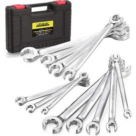 Juego de llaves de tuerca llamarada, 12 piezas de llaves de acero cromo vanadio SAE y métricas de 1/4"-7/8" y 6-21mm con caja organizadora